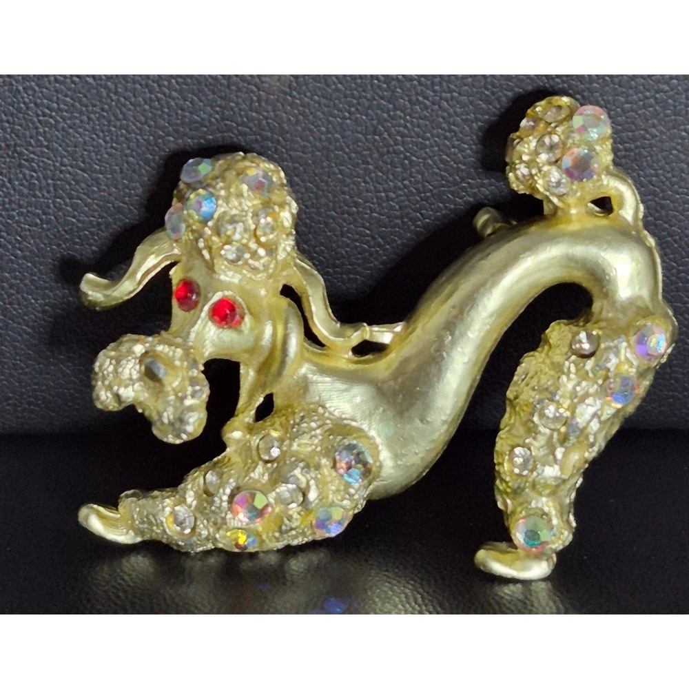 Vintage Poodle Brooch Gold Tone Aurora Borealis Rhinestone Red Eye Dog Pin